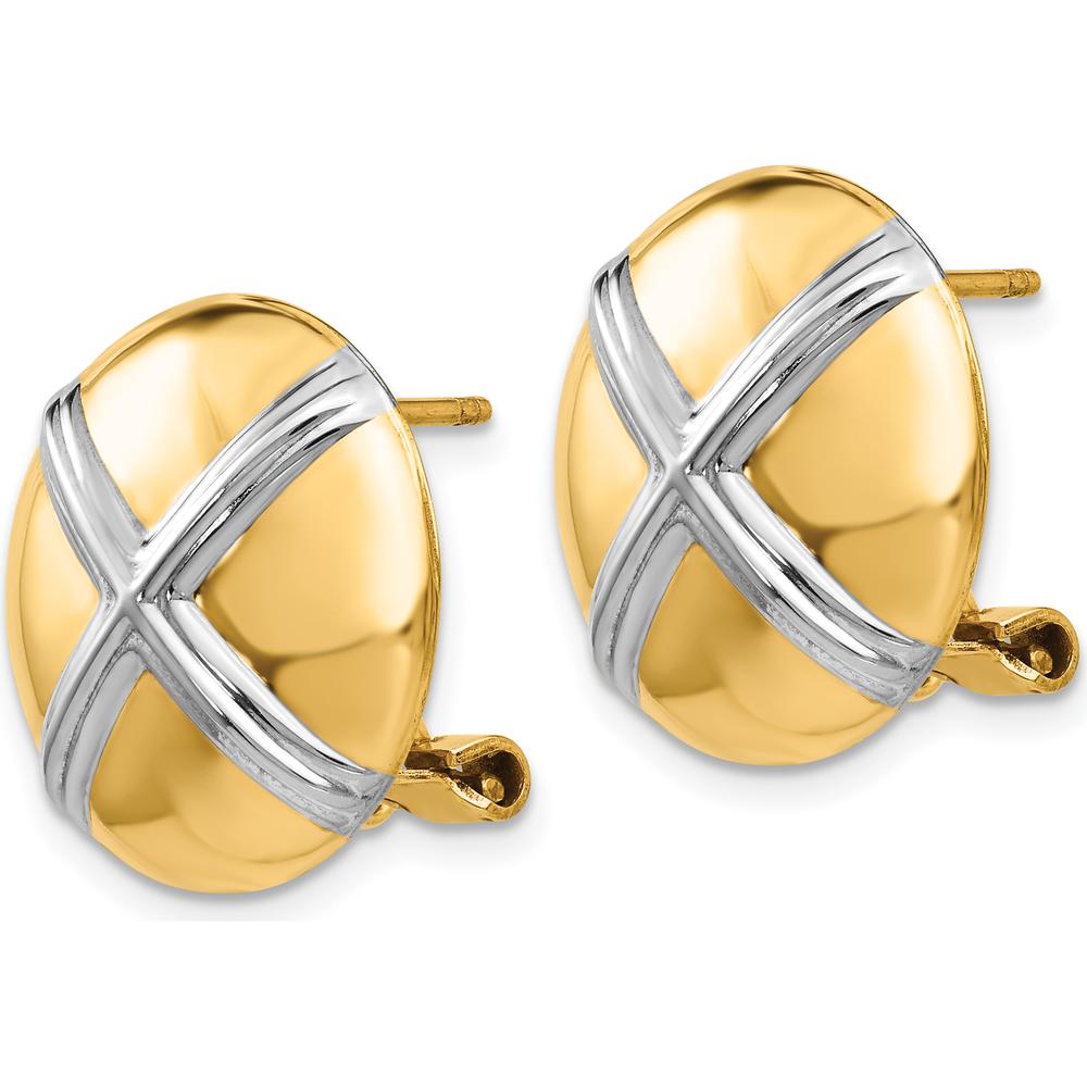 14K Yellow Gold Polished & Rhodium X Omega Back Post Button Earrings by 0