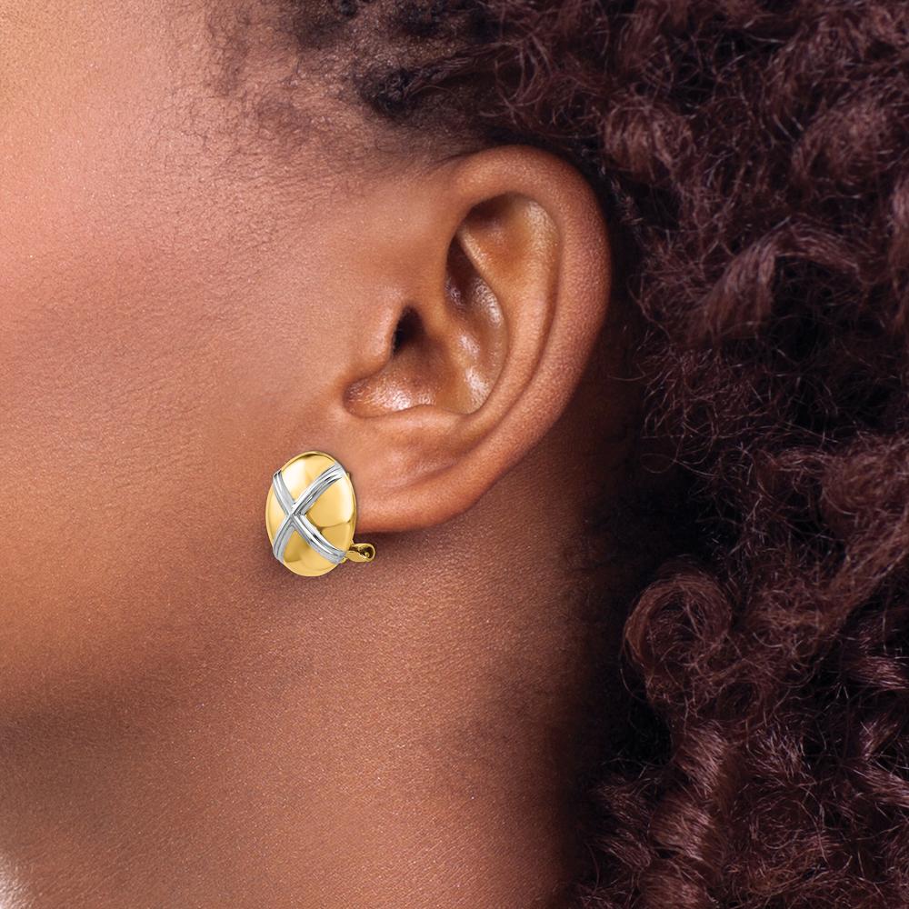 14K Yellow Gold Polished & Rhodium X Omega Back Post Button Earrings by 0