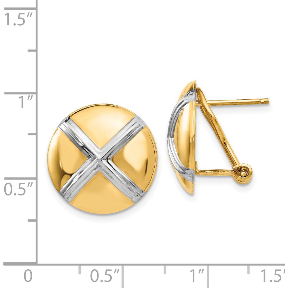 14K Yellow Gold Polished & Rhodium X Omega Back Post Button Earrings by 0