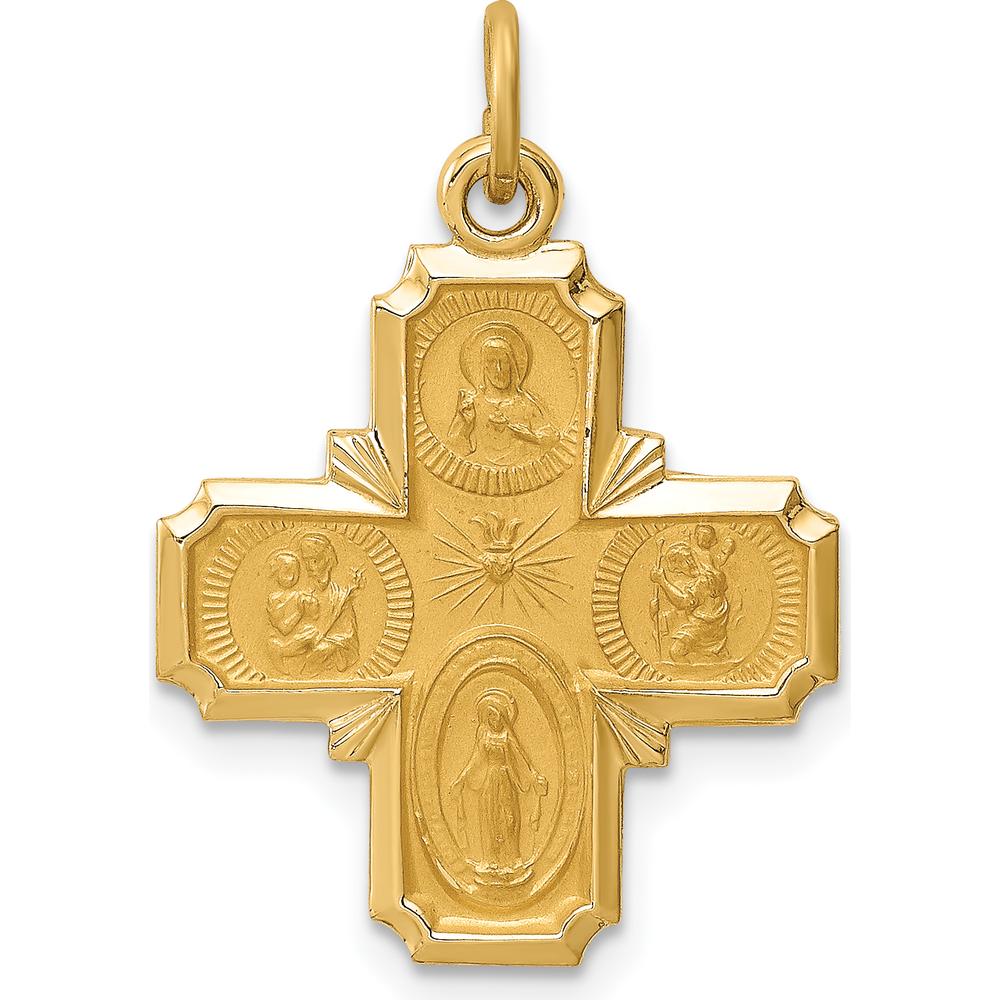 14K Yellow Gold Polished and Satin 4-Way Cross Medal Pendant - 25mm Length by Oro Pregiato