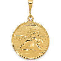 14K Yellow Gold Polished and Satin Angel Round Pendant - 36mm Length by Oro Pregiato