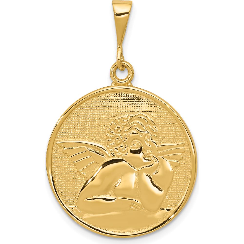 14K Yellow Gold Polished and Satin Angel Round Pendant - 36mm Length by Oro Pregiato