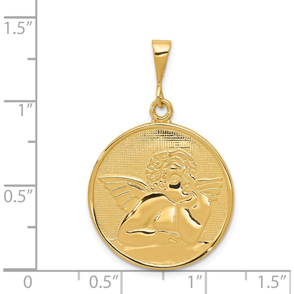 14K Yellow Gold Polished and Satin Angel Round Pendant - 36mm Length by Oro Pregiato