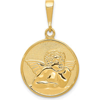 14K Yellow Gold Polished and Satin Angel Round Pendant with 10mm Bail by Oro Pregiato