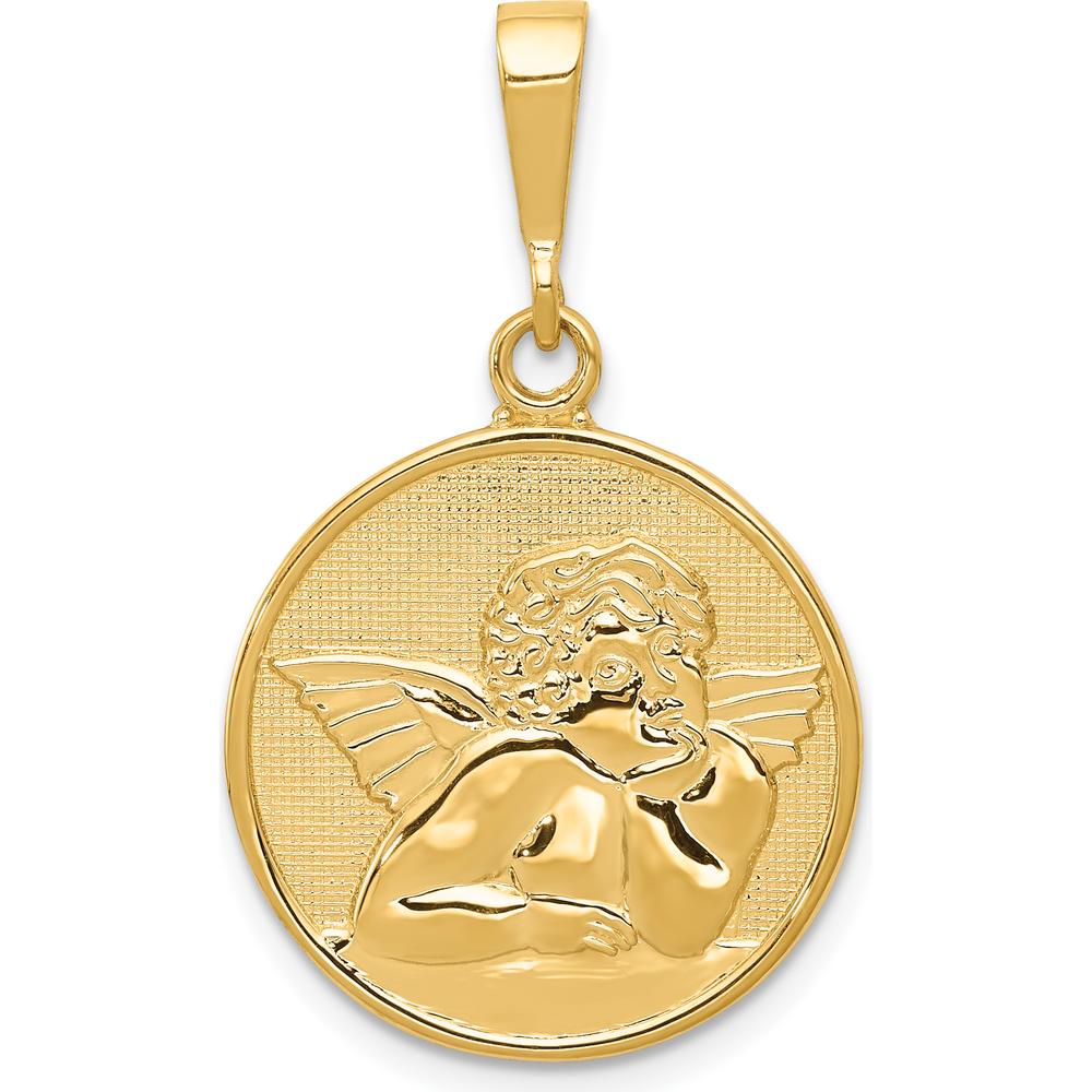 14K Yellow Gold Polished and Satin Angel Round Pendant with 10mm Bail by Oro Pregiato