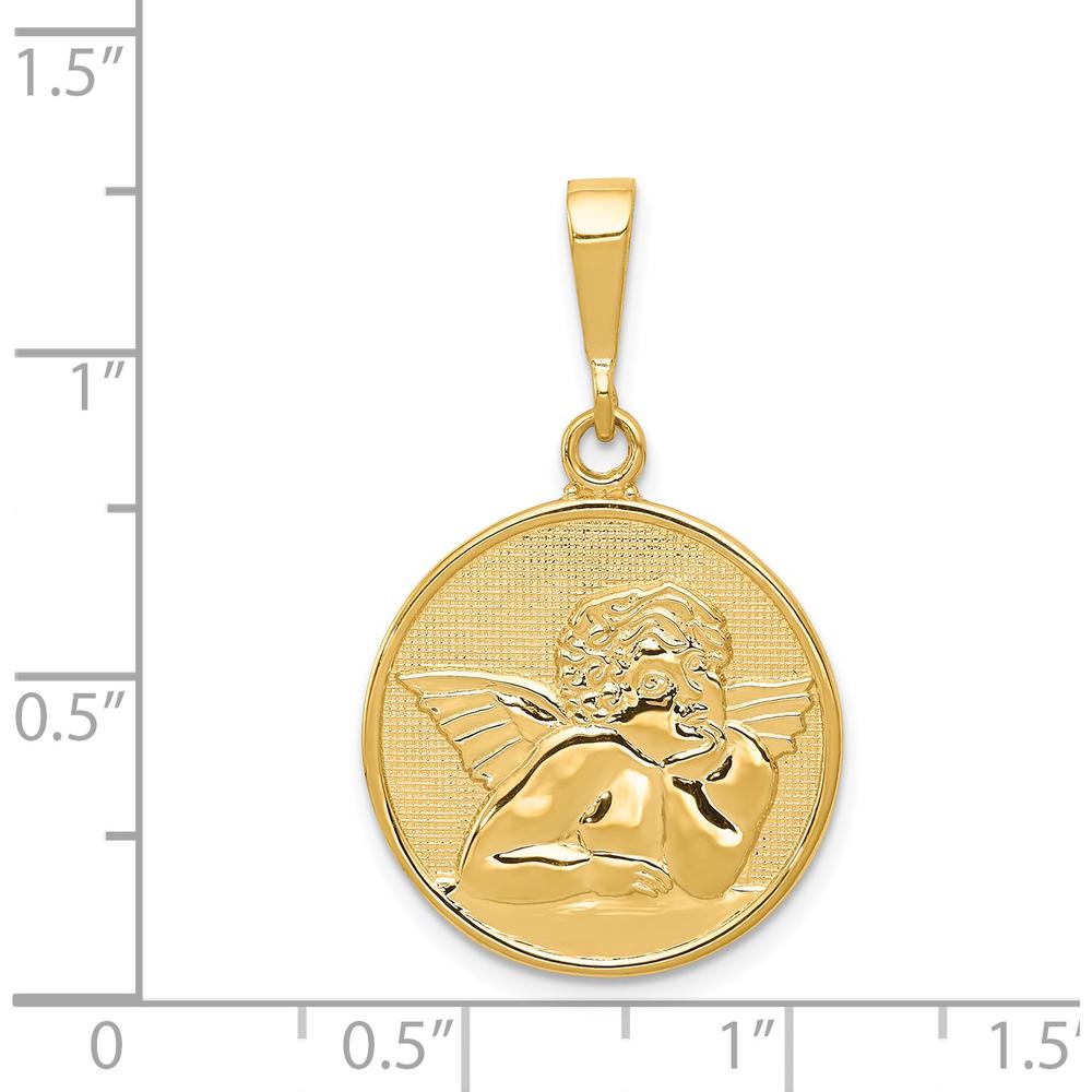 14K Yellow Gold Polished and Satin Angel Round Pendant with 10mm Bail by Oro Pregiato