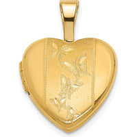 14K Yellow Gold Polished and Satin Butterflies Heart Locket Pendant by Oro Pregiato