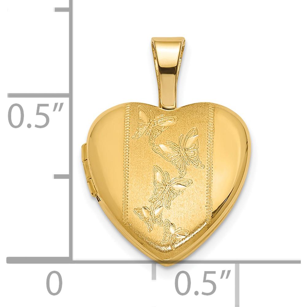 14K Yellow Gold Polished and Satin Butterflies Heart Locket Pendant by Oro Pregiato