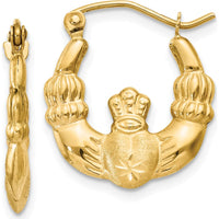 14K Yellow Gold Polished and Satin Claddagh Hoop Earrings - 10mm Length by 0