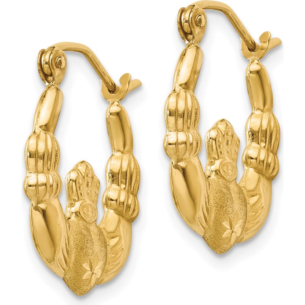 14K Yellow Gold Polished and Satin Claddagh Hoop Earrings - 10mm Length by 0