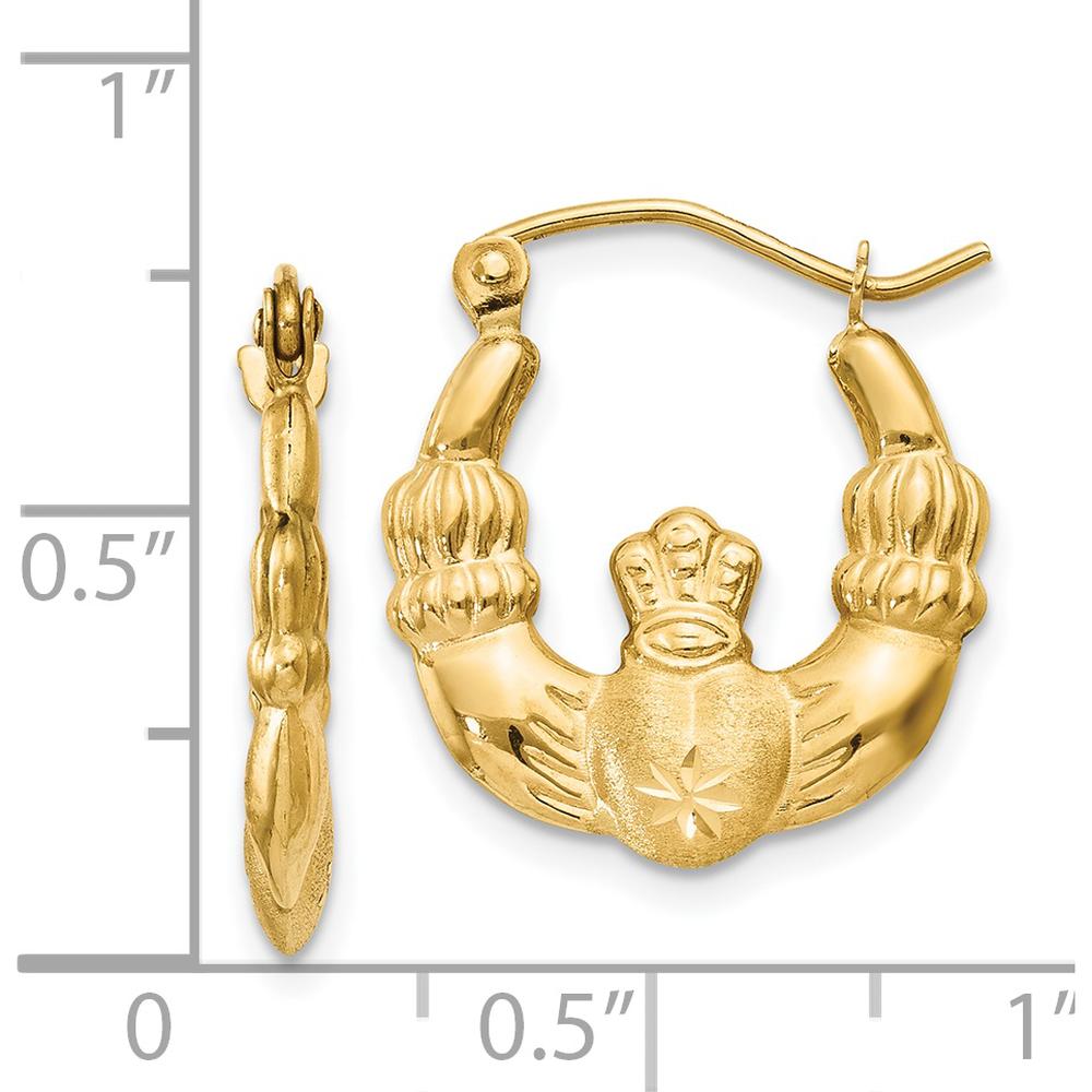 14K Yellow Gold Polished and Satin Claddagh Hoop Earrings - 10mm Length by 0