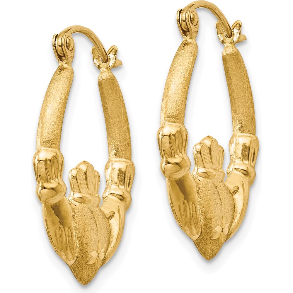 14K Yellow Gold Polished and Satin Claddagh Hoop Earrings - 12mm Length by 0