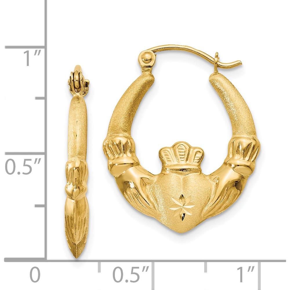 14K Yellow Gold Polished and Satin Claddagh Hoop Earrings - 12mm Length by 0