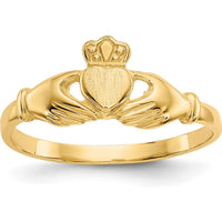 14K Yellow Gold Polished and Satin Claddagh Ring with Crown and Heart Design - 4mm Band Width by Oro Pregiato