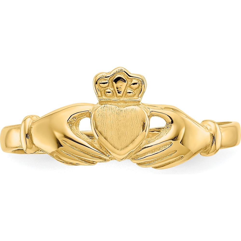 14K Yellow Gold Polished and Satin Claddagh Ring with Crown and Heart Design - 4mm Band Width by Oro Pregiato