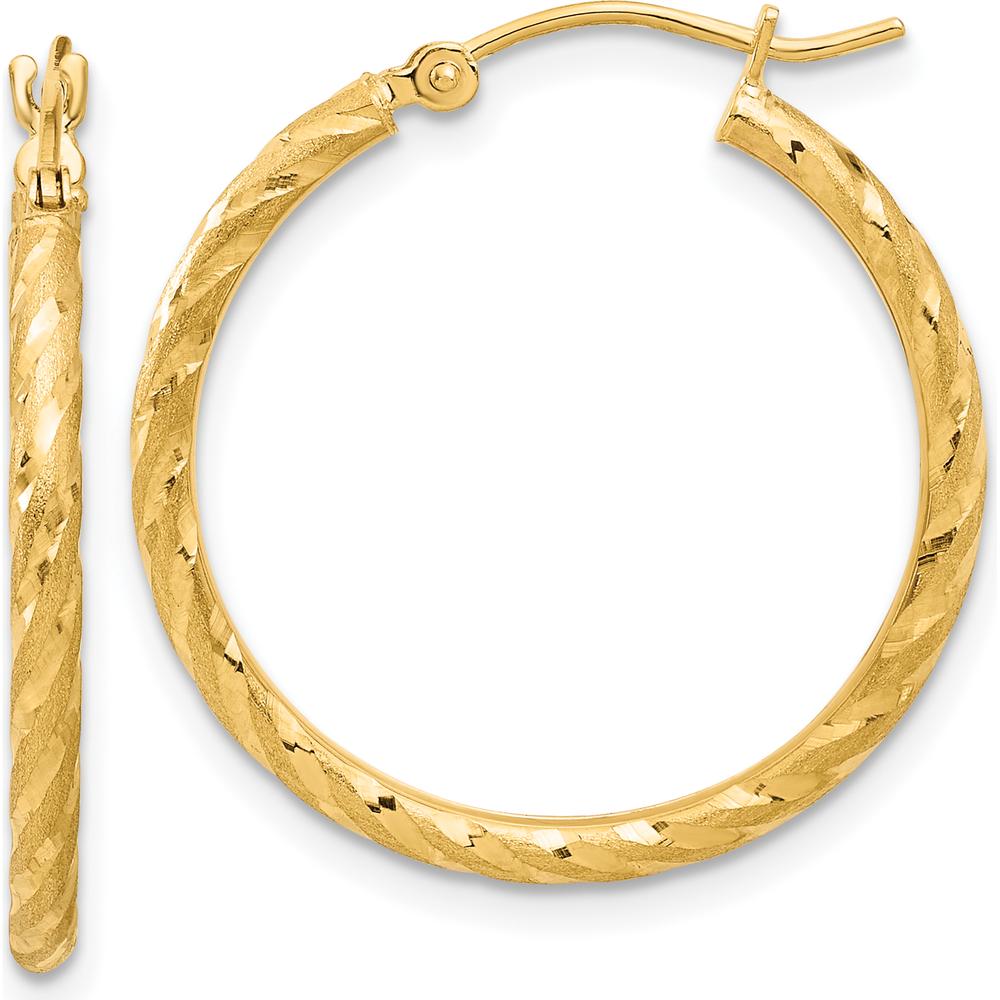 14K Yellow Gold Polished and Satin Diamond-Cut 2.05mm Hoop Earrings - 26.5mm Length by 0