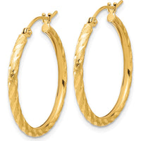 14K Yellow Gold Polished and Satin Diamond-Cut 2.05mm Hoop Earrings - 26.5mm Length by 0