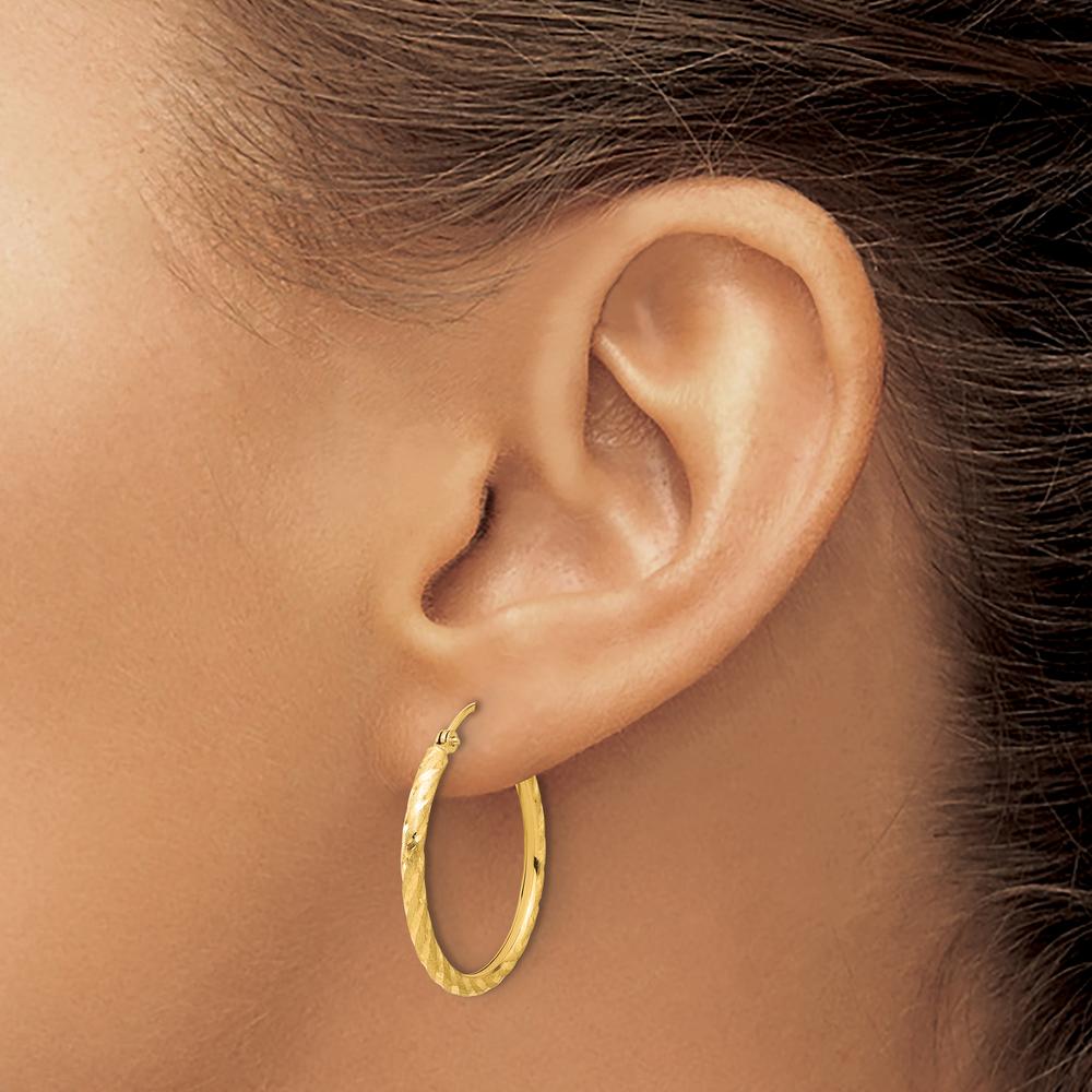 14K Yellow Gold Polished and Satin Diamond-Cut 2.05mm Hoop Earrings - 26.5mm Length by 0