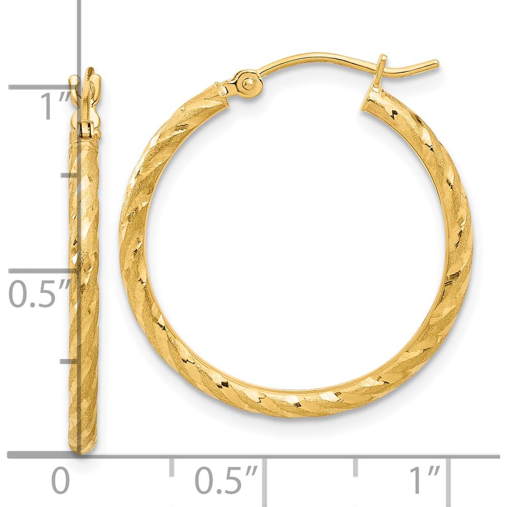 14K Yellow Gold Polished and Satin Diamond-Cut 2.05mm Hoop Earrings - 26.5mm Length by 0