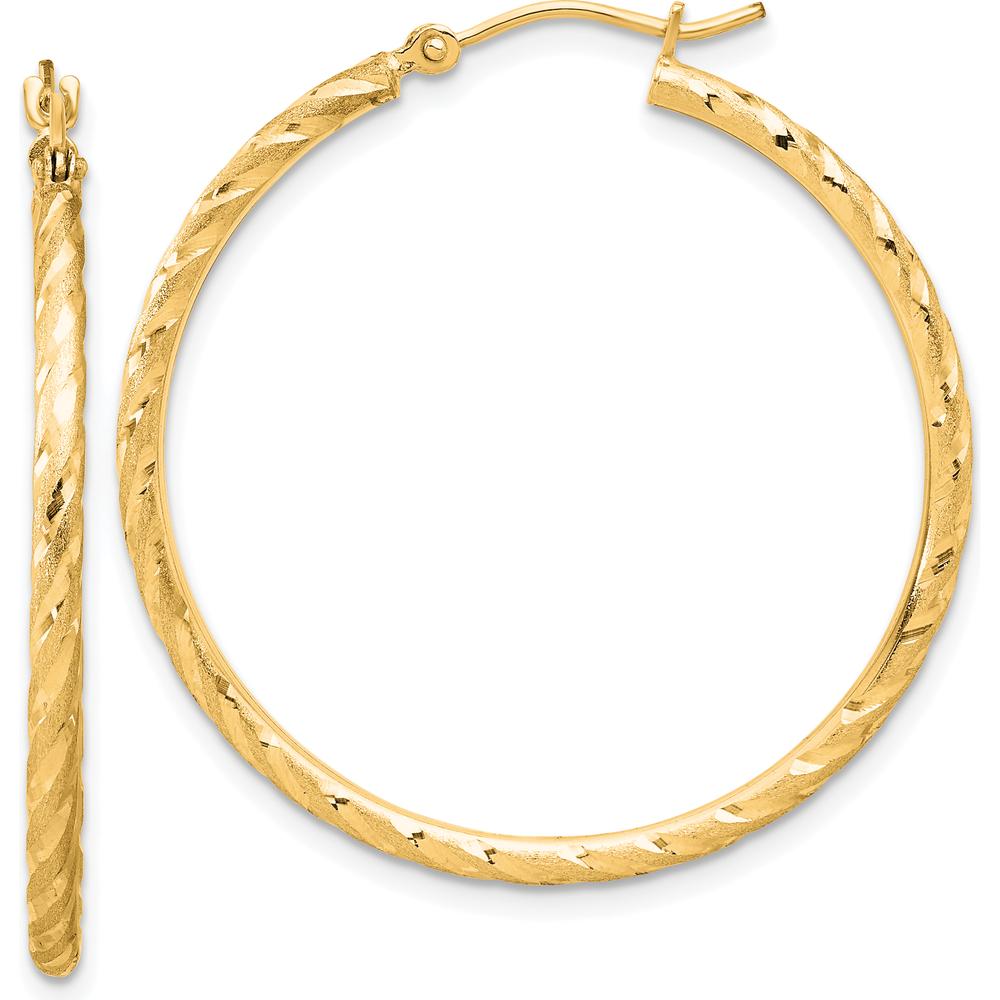 14K Yellow Gold Polished and Satin Diamond-Cut Hoop Earrings - 35mm by 0