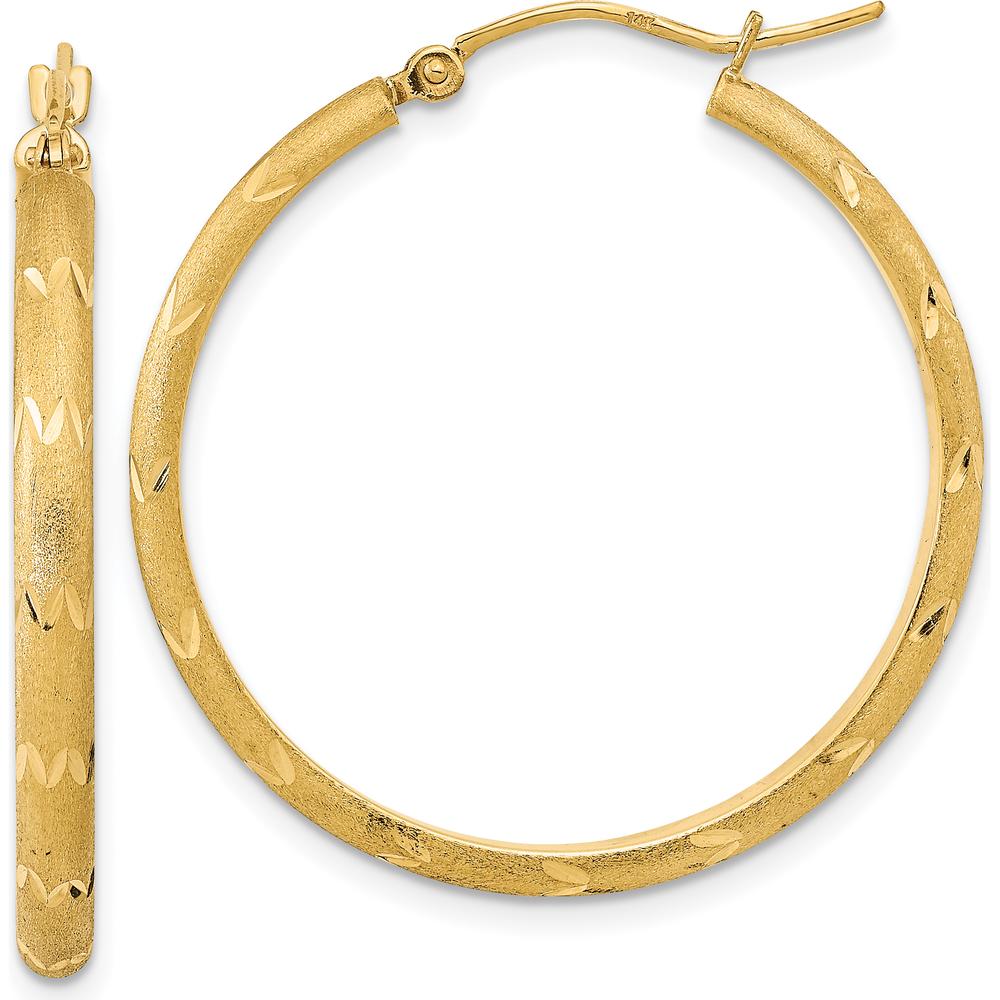14K Yellow Gold Polished and Satin Diamond-Cut Large Hoop Earrings - 32.2mm Length by 0