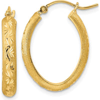 14K Yellow Gold Polished and Satin Diamond-Cut Oval Hoop Earrings - 22.92mm Length by 0
