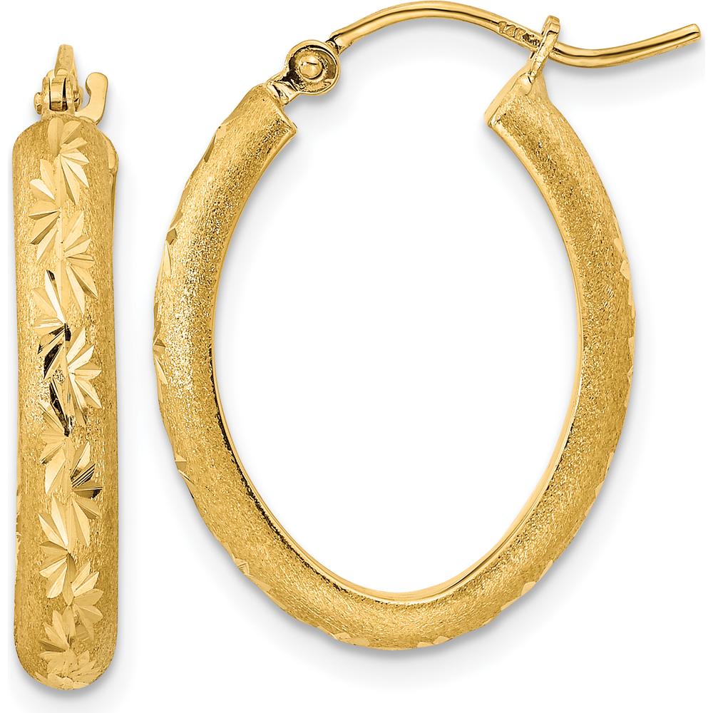 14K Yellow Gold Polished and Satin Diamond-Cut Oval Hoop Earrings - 22.92mm Length by 0