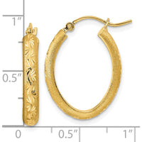 14K Yellow Gold Polished and Satin Diamond-Cut Oval Hoop Earrings - 22.92mm Length by 0