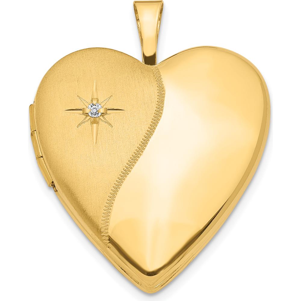 14K Yellow Gold Polished and Satin Diamond Star Heart Locket with Engravable Back - 0.010 Carat Diamond Weight by Monteluci Fine Jewelry