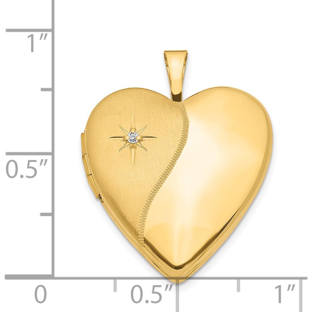 14K Yellow Gold Polished and Satin Diamond Star Heart Locket with Engravable Back - 0.010 Carat Diamond Weight by Monteluci Fine Jewelry