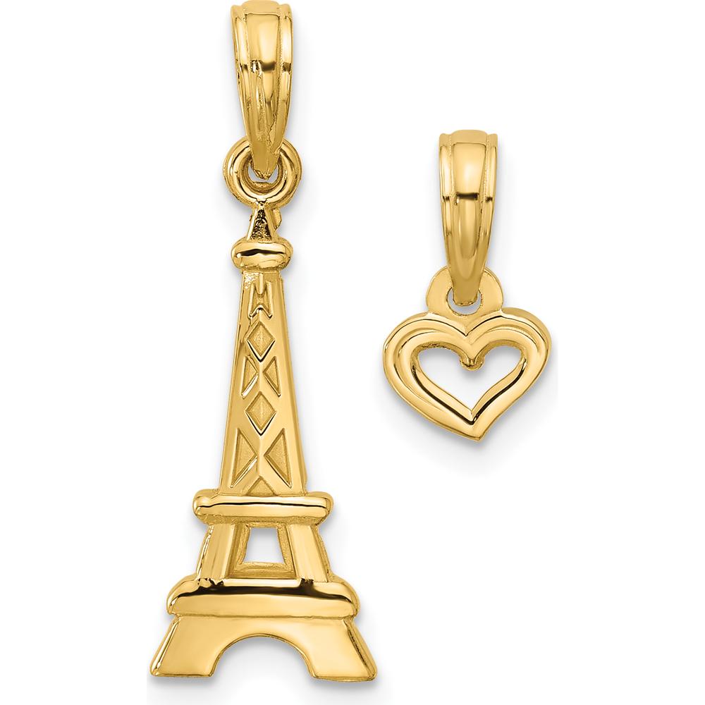14K Yellow Gold Polished and Satin Eiffel Tower with Heart Pendant Set by Oro Pregiato