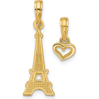 14K Yellow Gold Polished and Satin Eiffel Tower with Heart Pendant Set by Oro Pregiato