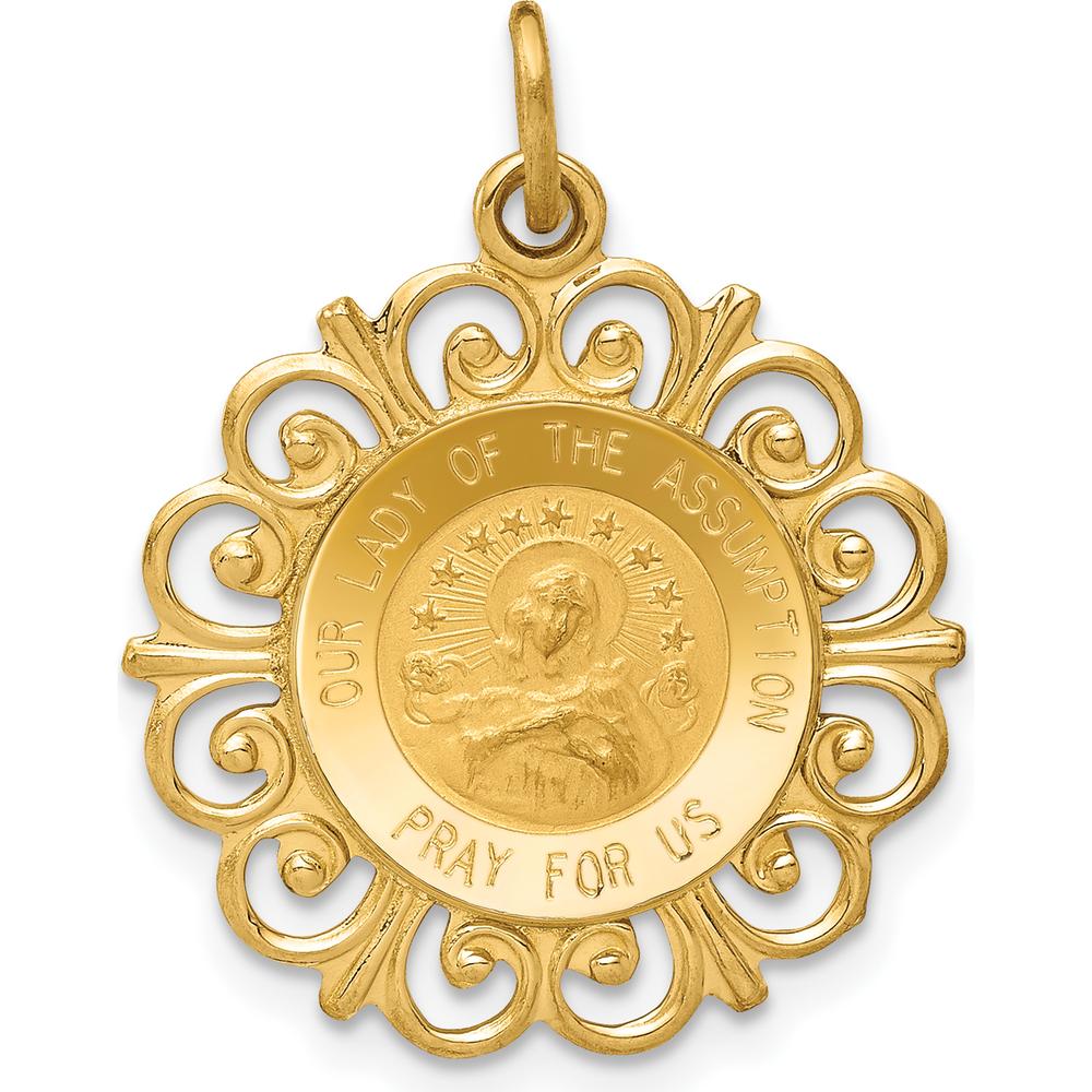 14K Yellow Gold Polished and Satin Finish Our Lady Of The Assumption Medal Pendant with Scalloped Edges by Oro Pregiato
