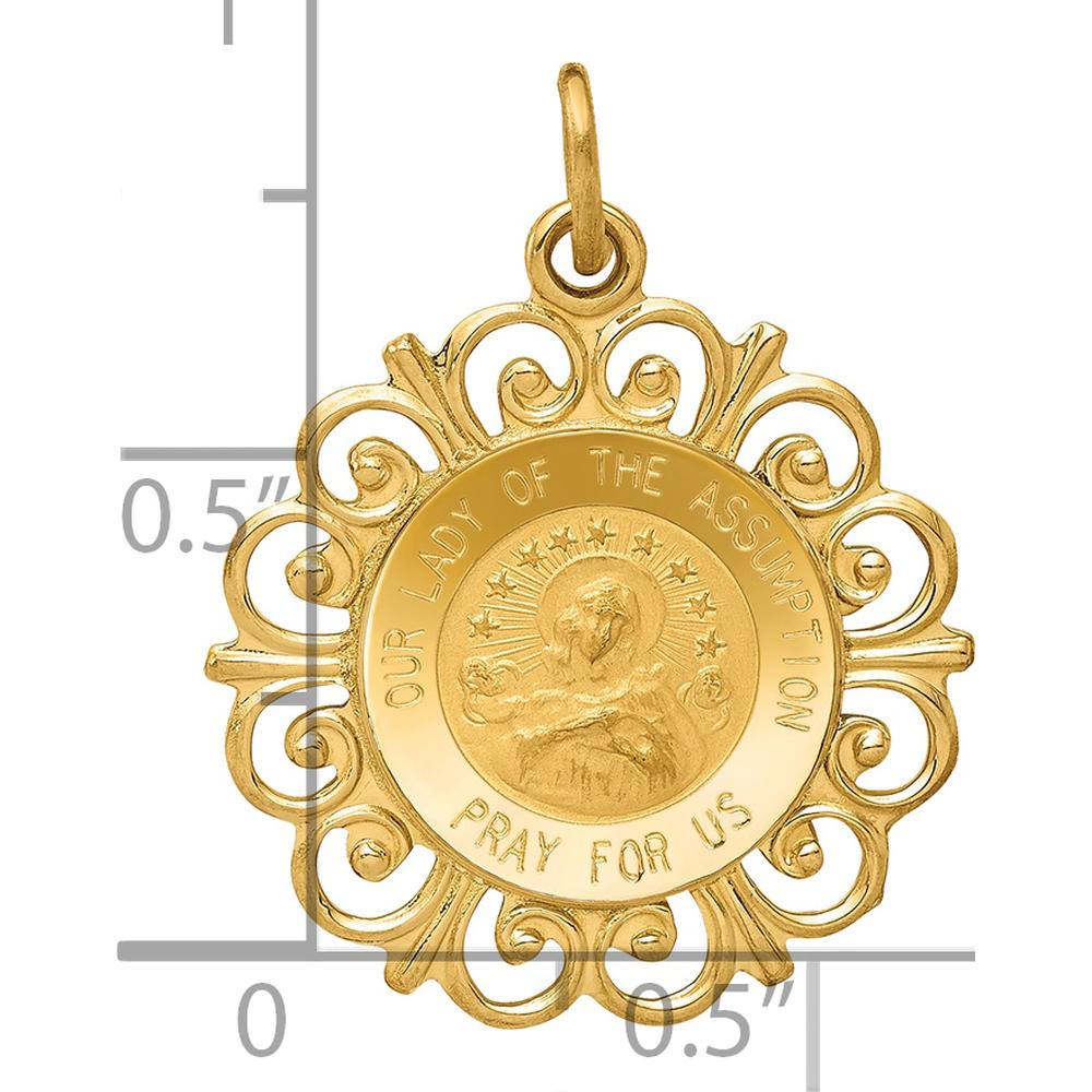 14K Yellow Gold Polished and Satin Finish Our Lady Of The Assumption Medal Pendant with Scalloped Edges by Oro Pregiato
