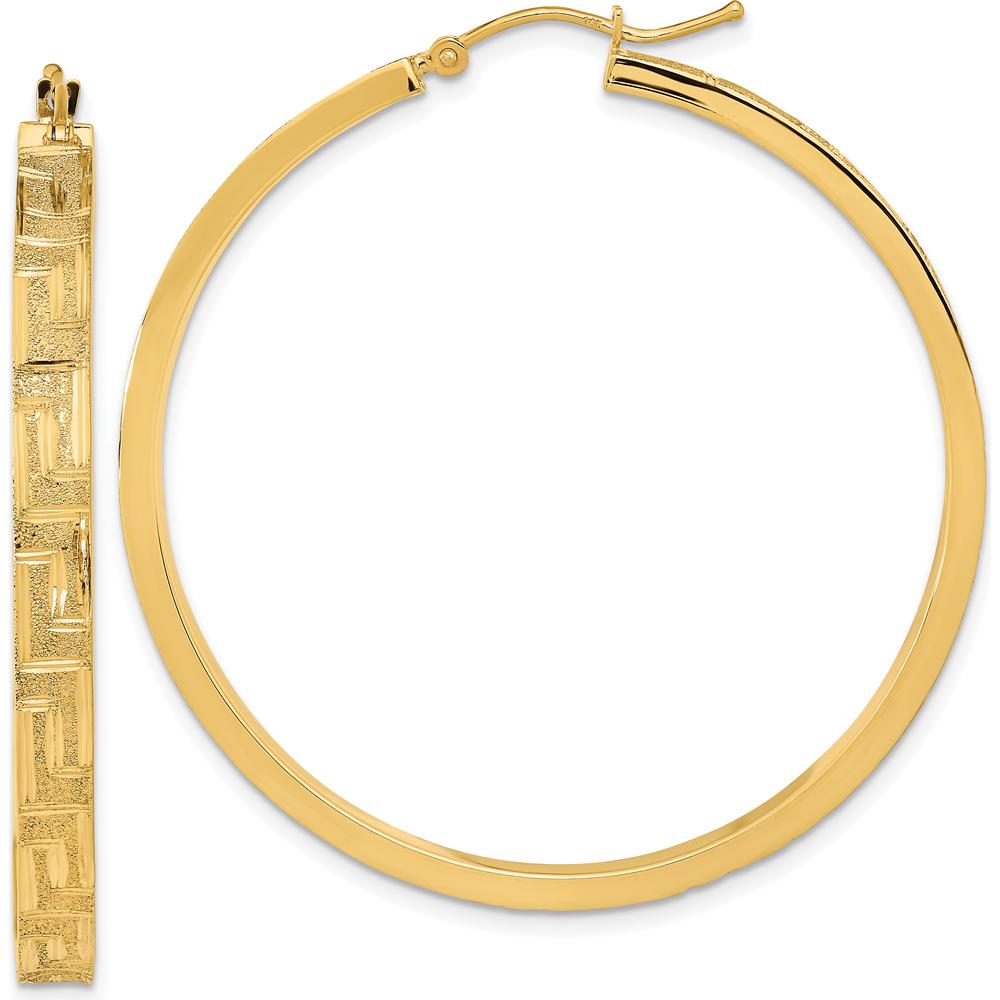 14K Yellow Gold Polished and Satin Greek Pattern Hoop Earrings - 46.63mm Length by 0