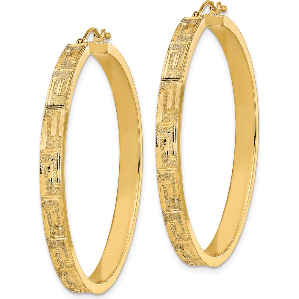 14K Yellow Gold Polished and Satin Greek Pattern Hoop Earrings - 46.63mm Length by 0
