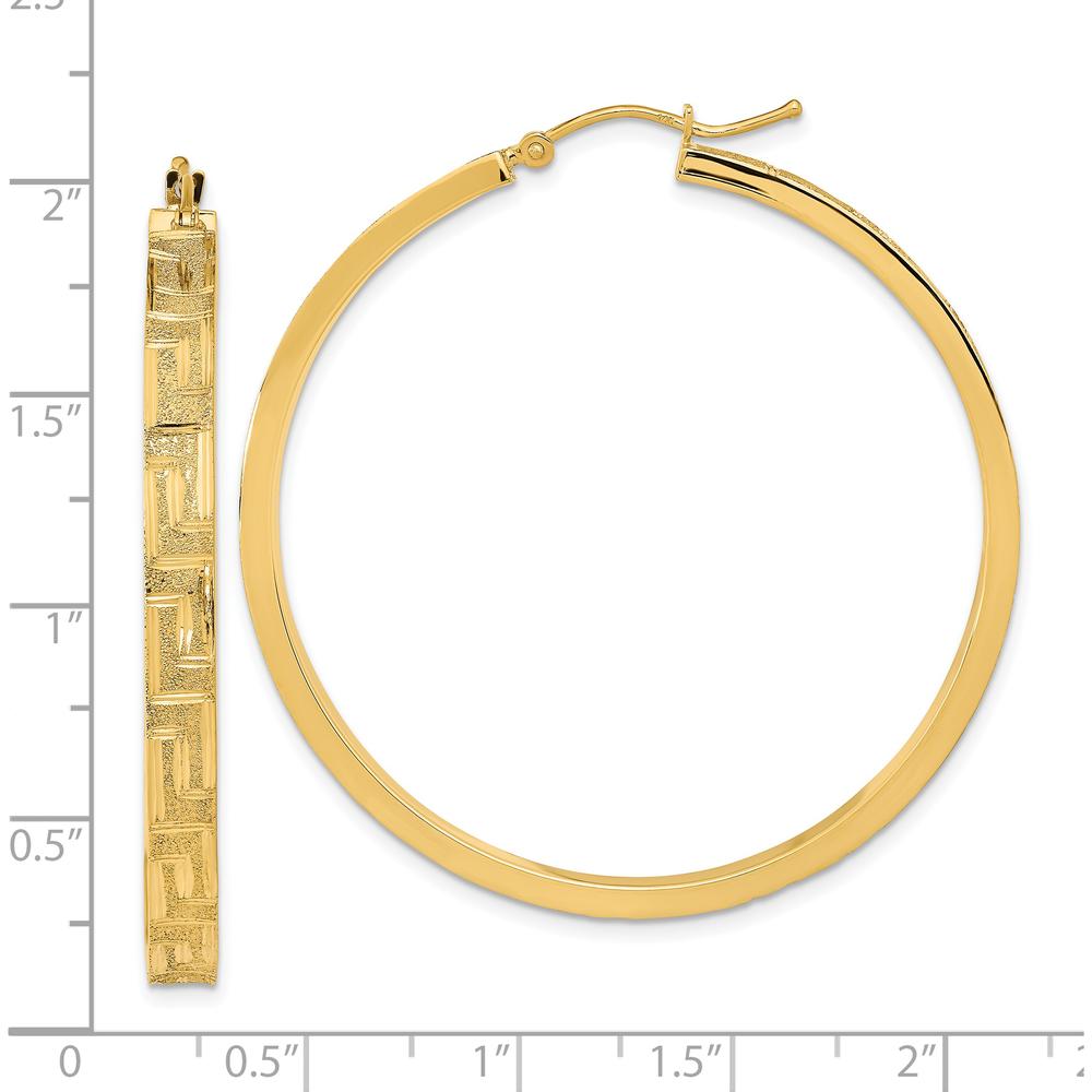 14K Yellow Gold Polished and Satin Greek Pattern Hoop Earrings - 46.63mm Length by 0