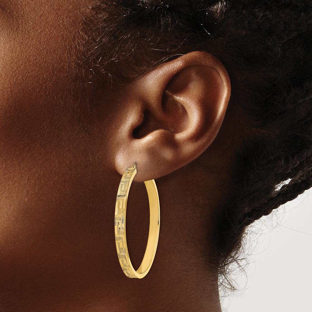 14K Yellow Gold Polished and Satin Greek Pattern Hoop Earrings - 46.63mm Length by 0
