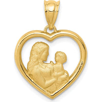 14K Yellow Gold Polished and Satin Heart Pendant - Mom and Baby Design by Oro Pregiato