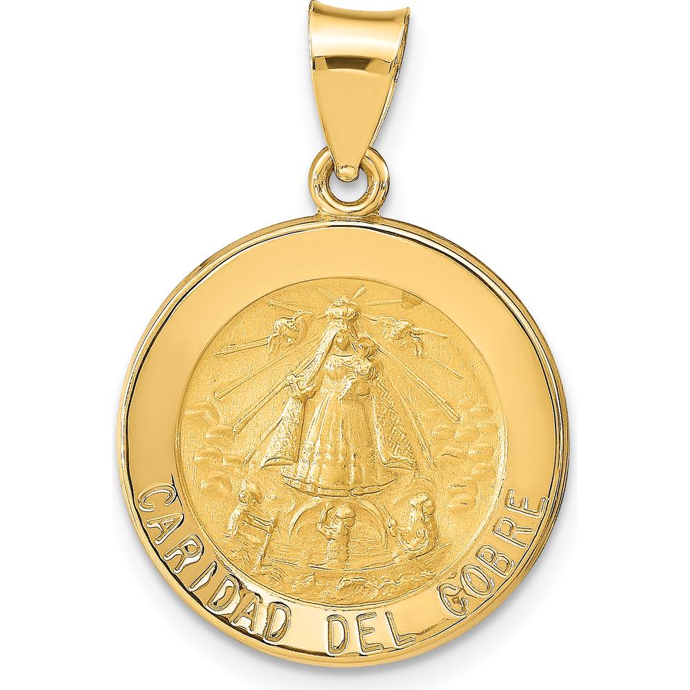 14K Yellow Gold Polished and Satin Hollow Caridad Del Cobre Medal Pendant - Spiritual Symbol of the Virgin of Charity by Oro Pregiato