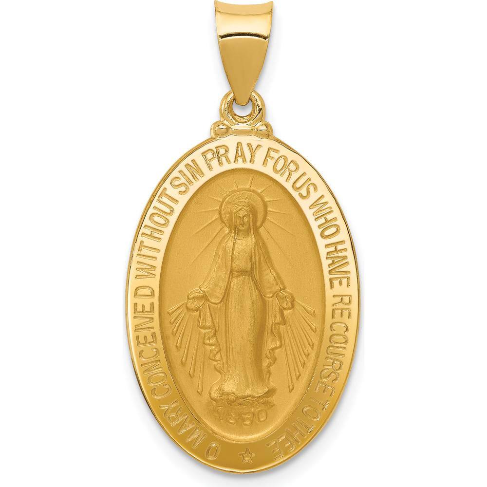 14K Yellow Gold Polished and Satin Hollow Miraculous Medal Oval Pendant - 31.5mm x 16mm by Oro Pregiato