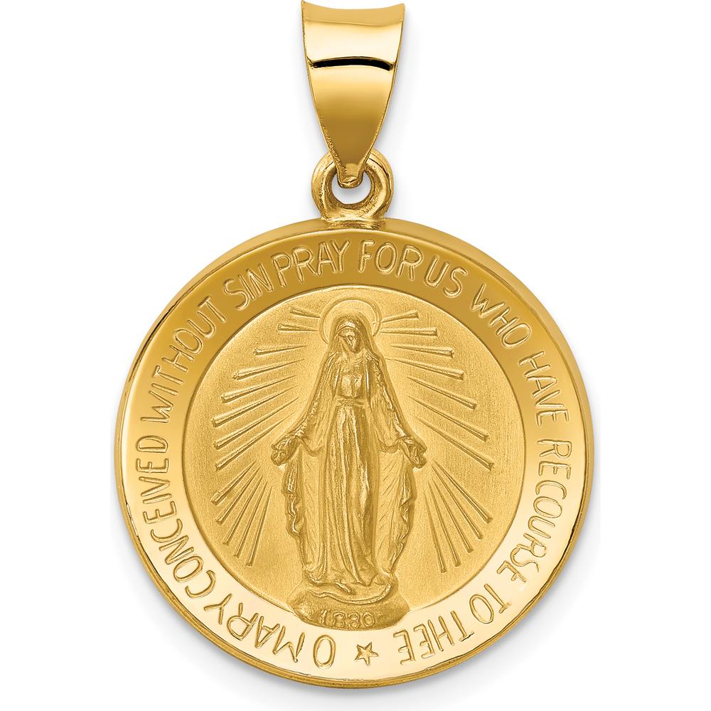 14K Yellow Gold Polished and Satin Hollow Miraculous Medal Pendant - 27mm Length by Oro Pregiato