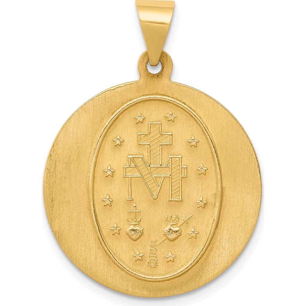 14K Yellow Gold Polished and Satin Hollow Miraculous Medal Pendant - 30mm Length by 0