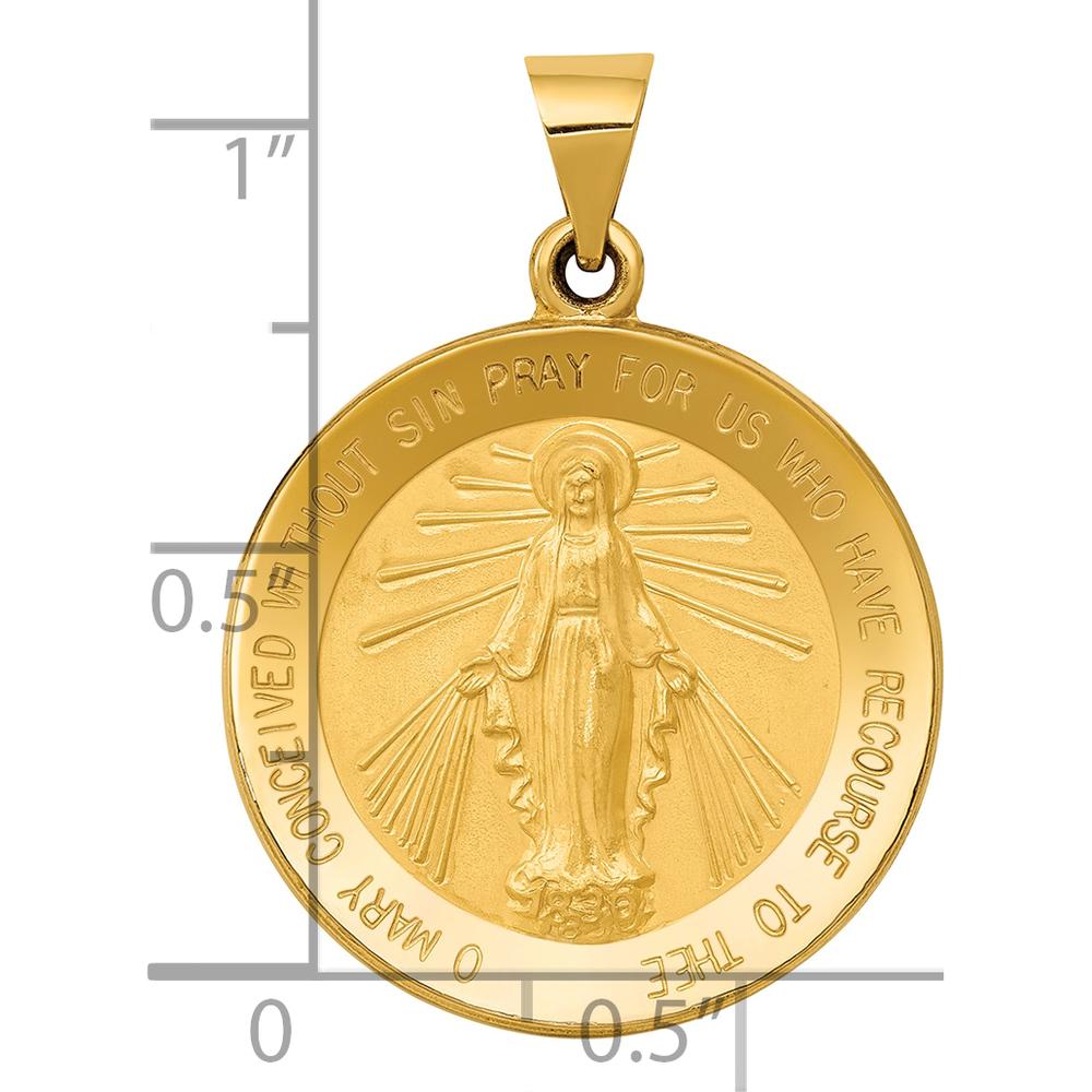 14K Yellow Gold Polished and Satin Hollow Miraculous Medal Pendant - 30mm Length by 0