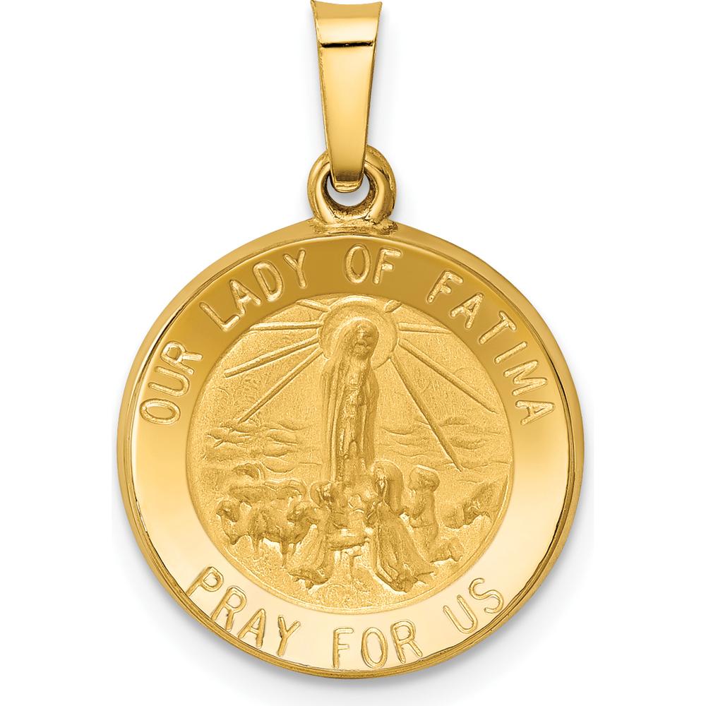 14K Yellow Gold Polished and Satin Hollow Our Lady of Fatima Round Pendant Charm with Inscription by Oro Pregiato