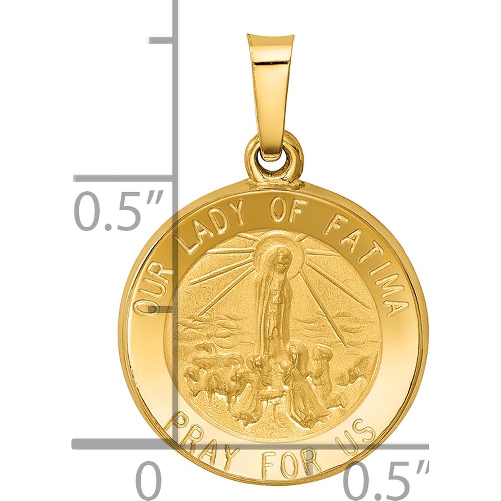 14K Yellow Gold Polished and Satin Hollow Our Lady of Fatima Round Pendant Charm with Inscription by Oro Pregiato
