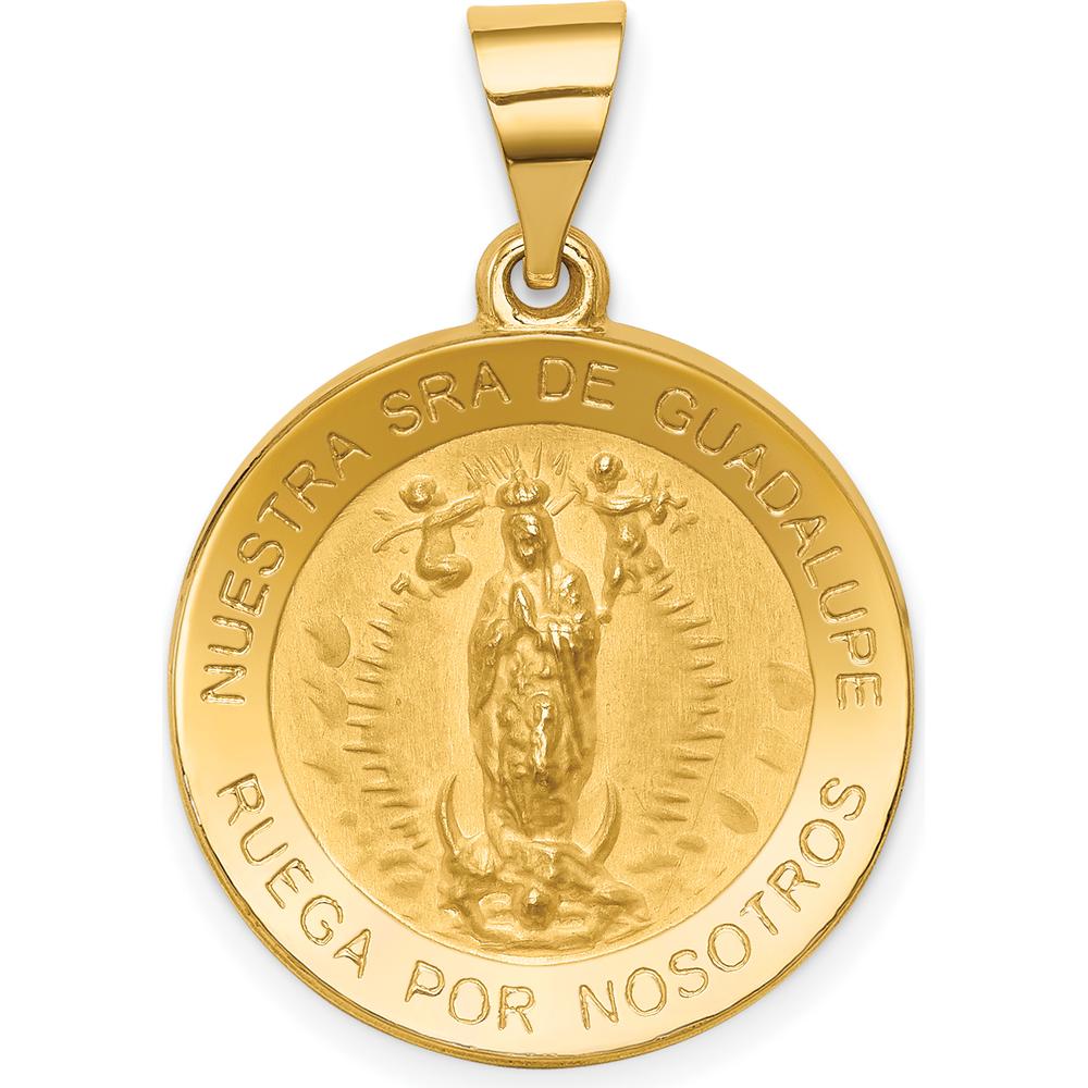 14K Yellow Gold Polished and Satin Hollow Our Lady of Guadalupe Round Pendant - Die Struck Design by Oro Pregiato