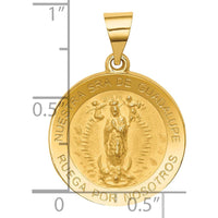 14K Yellow Gold Polished and Satin Hollow Our Lady of Guadalupe Round Pendant - Die Struck Design by Oro Pregiato