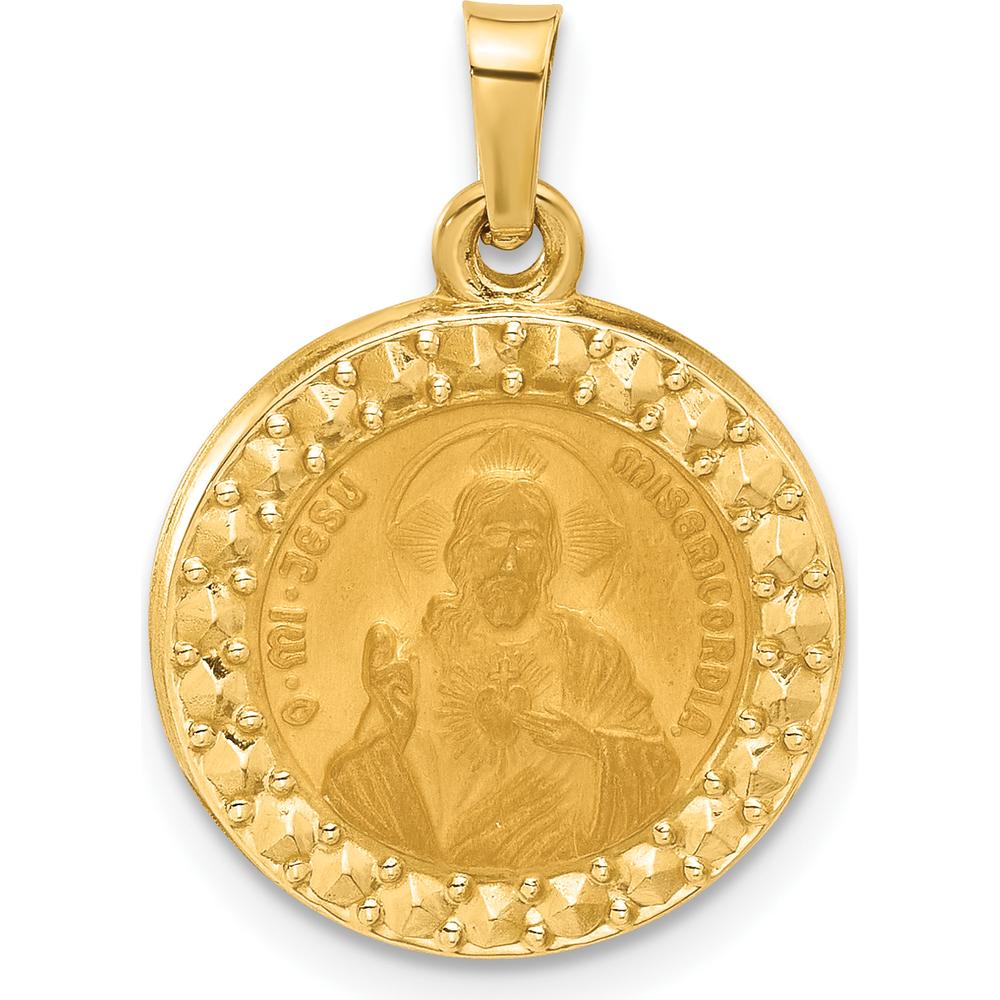 14K Yellow Gold Polished and Satin Hollow Sacred Heart of Jesus Medal Pendant - 22.7mm by Oro Pregiato