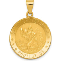 14K Yellow Gold Polished and Satin Hollow Saint Christopher Medal Pendant - 32mm Length by 0